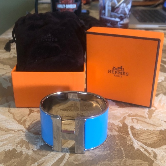 Hermes Jewelry - Hermes Click H X wide 3.5 cm bracelet I silver & blue France w/ Hermes pouch box